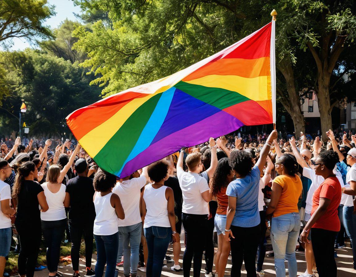 A vibrant rainbow flag unfurled in the wind, surrounded by diverse individuals of different ages, races, and identities, joyfully celebrating together in an urban park. Artistic graffiti murals depicting historical LGBTQ+ icons and symbols adorn nearby walls, while colorful confetti cascades through the air, symbolizing pride and unity. Bright sunlight casts warm tones, enhancing the festive atmosphere. super-realistic. vibrant colors. white background.
