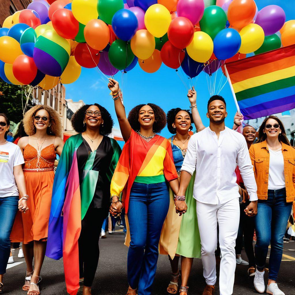 A vibrant celebration of diversity, featuring a diverse group of LGBTQIA individuals holding hands, adorned in colorful attire that reflects the spectrum of the rainbow flag. The background showcases an artistic representation of a pride parade with balloons, confetti, and flowers, emphasizing unity and love. Bright lights and cheerful expressions radiate joy and authenticity. super-realistic. vibrant colors. lively atmosphere.