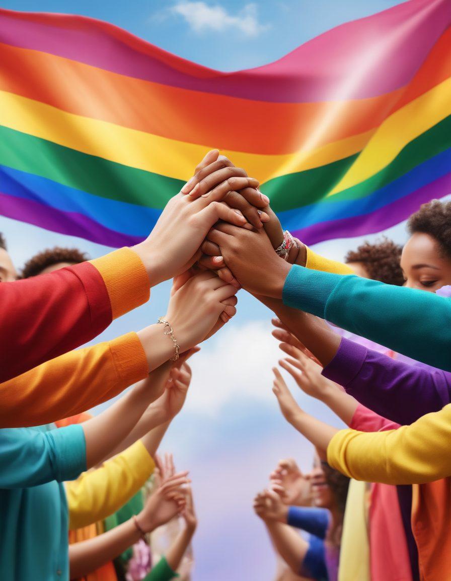 A vibrant gathering of diverse LGBTQ+ individuals, joyfully engaging in conversation and laughter under a rainbow flag backdrop. Include elements symbolizing genuine connections, like clasped hands and warm embraces, while the atmosphere radiates acceptance and love. Infuse the scene with festive decorations to enhance the celebratory mood. super-realistic. vibrant colors.